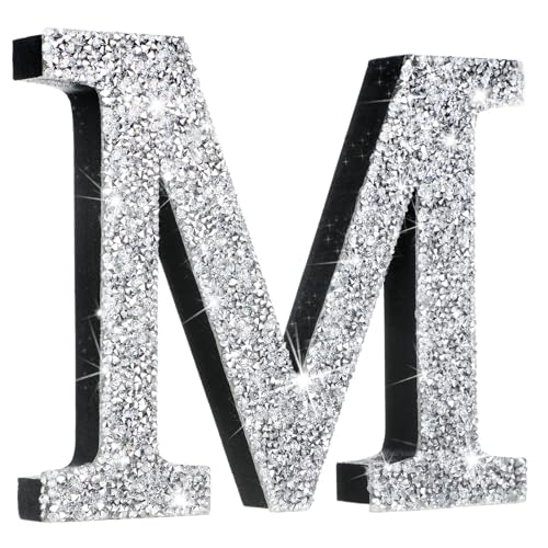 Qunclay Bling Letters for Wall Decor, Crystal Rhinestone Wooden Letters with Hooks, Crushed Diamond Glitter Letter for Bedroom Home Party Wedding Decor, Gift for Women(5.7"l X 5.7"w,Letter M,Silver)
