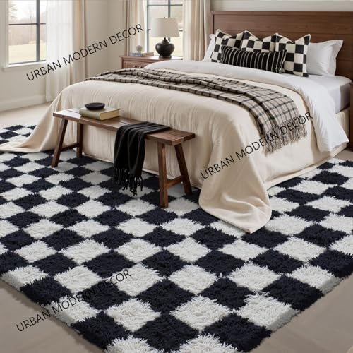 Image of Features 3x5 Feet Modern, Thick, Anti-Skid Shaggy Carpet with a 2-inch Pile, Perfect for Living Rooms, bedrooms, and Kids' Rooms.(3x5 feet, Black & White Chess)