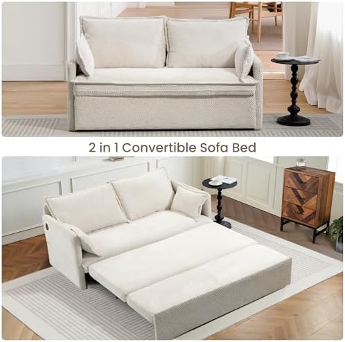 SUNWAVE 60" Queen Pull Out Sofa Bed - Convertible Sleeper Sofa Bed, Corduroy Pull Out Couch with USB Charging, Side Pockets for Living Room, Bedroom, Small Spaces (Cream, 60") - Thumbnail 4