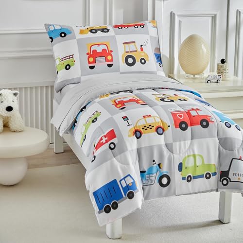 Image of White Gray Toddler Bedding Set for Boys Girls Colorful Cars Vehicle Auto Fire Engine Bulldozer 4PC Toddler Bed Set - Soft Cute Toddler Plaid Patchwork Bed in a Bag with Sheet Set and Pillow Shams