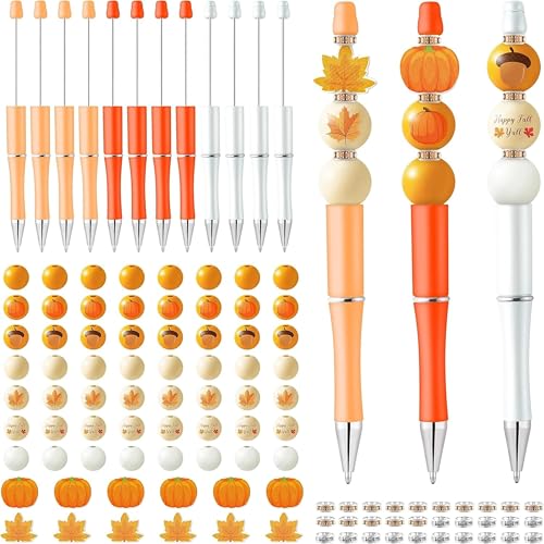 W1cwey 122pcs Autumn-Theme Beadable Ballpoint Pen Set, Set of 12pcs Plastic Beadable Pens, Fall Wood Beads, Crystal Spacer Beads, Resealable Foil Pouch Bag, Pumpkin Maple Ballpoint Pen Gift for Kids