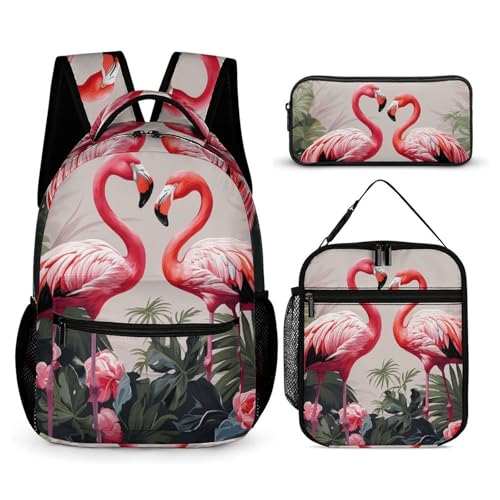Flamingo Birds on Background Backpack Set 3 Piece, Durable Backpack Insulated Lunch Bag Portable Pencil Case for Men Women