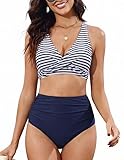 JASAMBAC Bikini Damen Set Push Up Bauchweg Badeanzug Zweiteiler Bademode Twsit Cross Bikini Oberteil und High Waist Bikini Unterteile Curvy Strandmode Badebekleidung Schwimmanzug