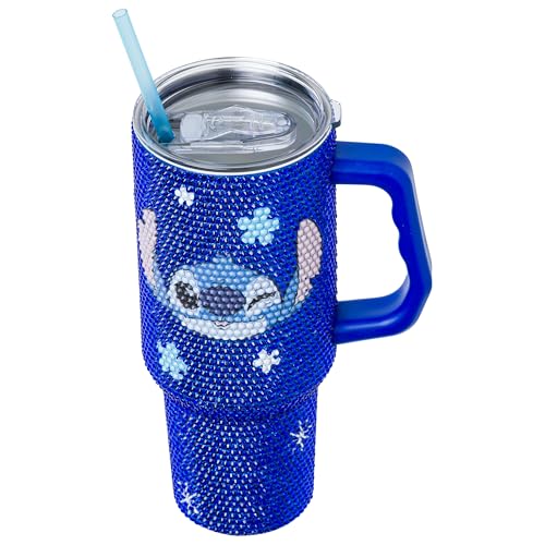 Image of Silver Buffalo Disney Lilo & Stitch Wink Face Stainless Steel Tumbler, 40oz | Disney, Blue, 1.2 Liters, Double-Walled, Handle, Straw, Straw Cap, Rhinestone Finish