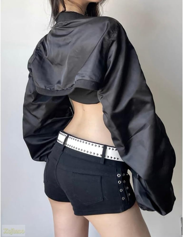 Women's Y2K Belted Black Motorcycle Jacket Pleated Long Sleeve Super Short Coat Trendy Summer Fashion - Image 5