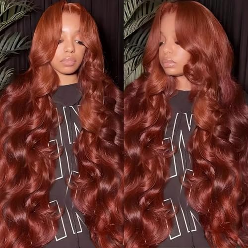 Image of MUZOJET Reddish Brown 13x6 Lace Front Wigs Human Hair #33 Colored HD Transparent Lace Front Wig Human Hair Pre Plucked with Baby Hair for Black Women Red Wig 180% Density 30 Inch