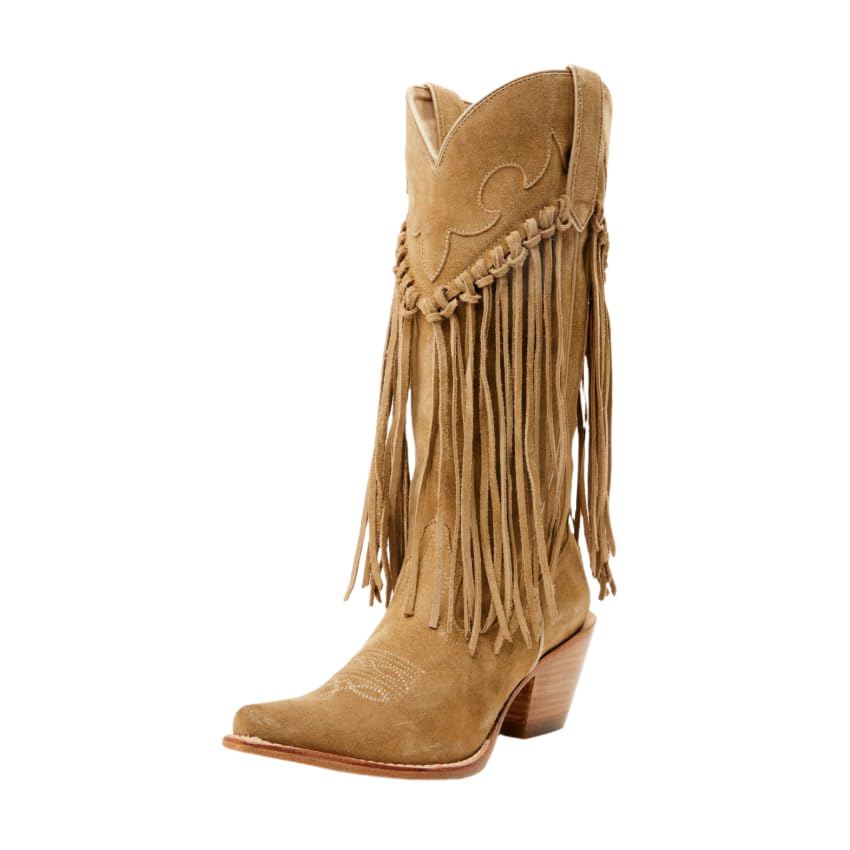 UniqueStride Women Fringe Western Suede Boots Tassels Embroidered Chunky Heel Cowboy Cowgirl Wide Mid Calf Boots