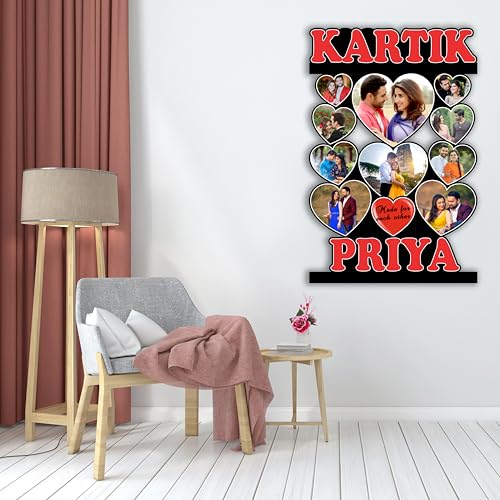 Image of Shrikant Art Personalized inchMade For Each Other inch Multi-Photo Collage Wall Hanging - Large 18x12 Inch Custom Name Wooden Frame with 10 Heart-Shaped Photo Slots for Couples