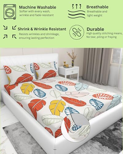 Image of King Size Leafs Bedsheet Cotton Elastic Fitted, Double Bed Sheet with Pillow Covers, Fitted Bedsheets King Size 78 X 72 Glace Cotton, 300-350 Tc, Fits Upto 6 Inches, Orange