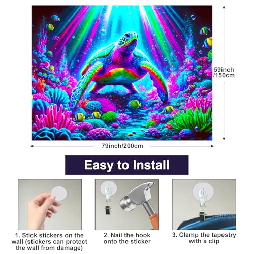 Image of BlissYard Neon Sea Turtle Ocean UV Black Light Tapestry 78x59 Inches Art Color Neon Light Background Bedroom Living Room Wall Party Decoration Underwater Coral Reef Marine Psychedelic Wall Art
