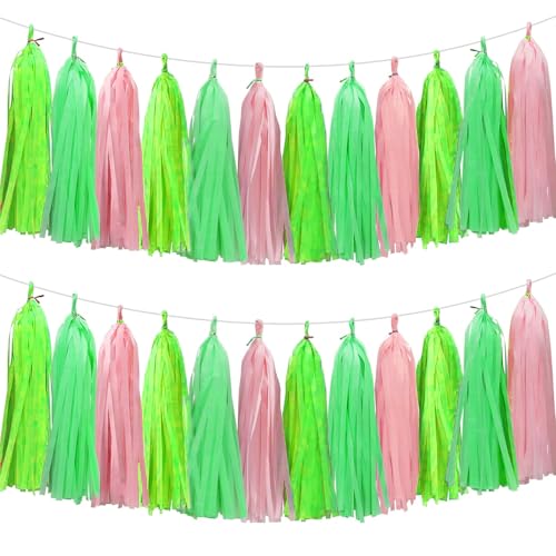 Image of Green Light Green and Pink Tassel Garland Banner Paper Tassels for Party Decorations,Pack of 15
