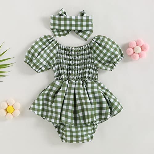 Baby Girls Romper Dress Summer Ruffle Chiffon Smocked Dress Vintage Onesie With Headband Princess Outfit (Checked-Green,6-12 Months) #TOP1