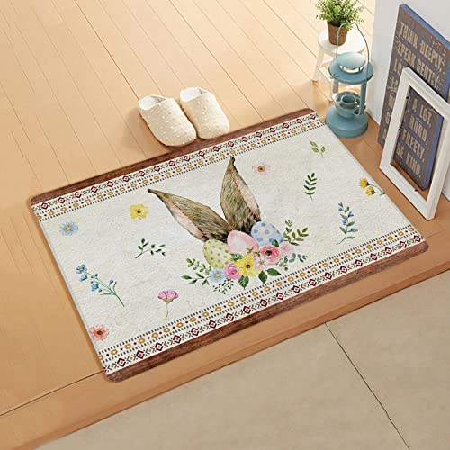 Easter Rabbit Ears Indoor Outdoor Front Door Mat, Waterproof/Oil-Proof/Stain-Proof Pvc Leather Doormat, Spring American Southwest Wildflowers Non-Slip Floor Mat Anti-Fatigue Kitchen Runner Rug 18X30 #TOP10