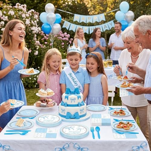 LAOREI 60Pcs Bow Party Supplies, Blue Bow Theme Party Decorations Include Blue Party Plates, Napkins, Forks, Knives, Spoons for Baby Shower Wedding Bridal Birthday Engagement Party Decor, Serves 10 — view 2