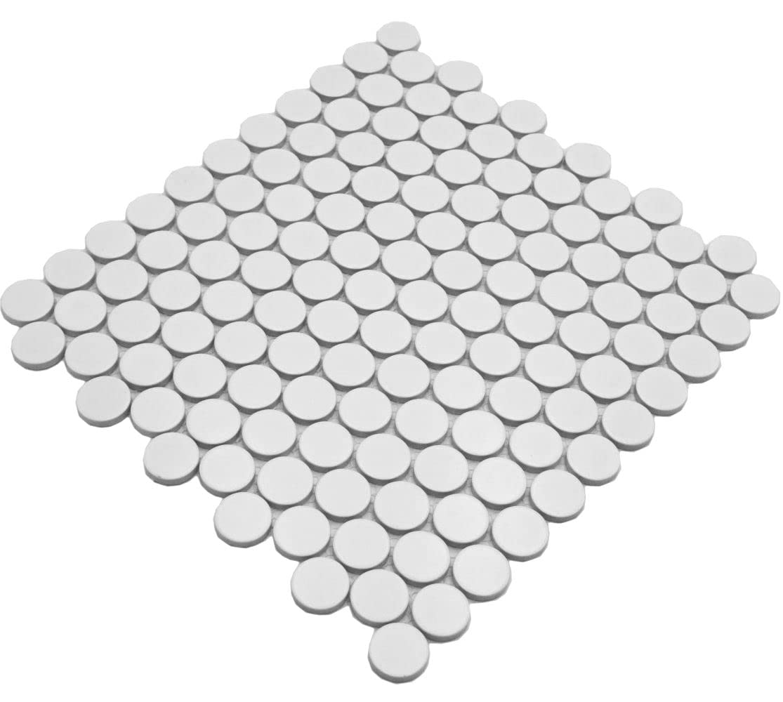 Azulejo de mosaico de cerámica con botón Loop Penny redondo liso blanco mate pared de cocina pared de ducha | 10 alfombrillas de mosaico