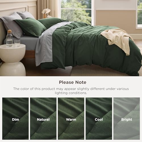 Image of Bedsure 100% Washed Cotton Duvet Cover Full Size - Olive Green Minimalist Bedding Set Linen Like - PureWoven Plain Simple & Soft Comforter Cover for All Seasons (Olive Green, Full, 80 inchx90 inch)