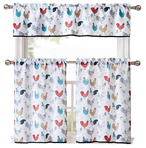 GoodGram Multi Rooster Complete 3 Pc Kitchen Curtain Tier & Valance Set - Assorted Colors â€¦ (White)
