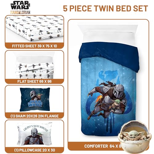 Image of Jay Franco Kids Bed Set, Blue, The Mandalorian, 5 Piece Twin | Cozy Soft Bedding for Stylish Room Decor with Comforter, Sheets & Pillow Covers