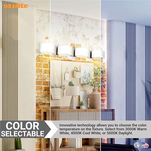 Image of Sunlite LED Decorative Vanity Light Fixture, 40 Watts, 2600 Lumens, Color Selectable 30K /40K /50K, 4 Lights, Dimmable, 90 CRI, ETL Listed, Brushed Nickel, for Bathroom, Powder Rooms, and Hotels