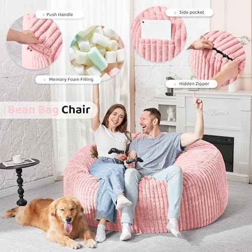 Image of HABUTWAY 5FT Bean Bag Chair, 5' Large Bean Bag Chairs for Adults with Removable Stripe Plush Cover, Memory Foam Beanbag Chair for Living Room Bedroom Dorm (Tender Pink)