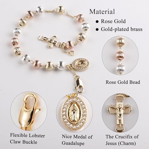 6mm Gold Plated Beads Catholic Guadalupe Crucifix Charm Rosary Bracelet for Women with Gift Box4