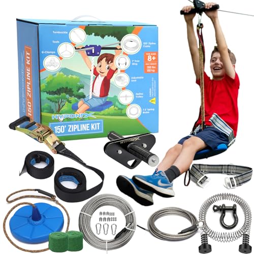 Zip Line Kit for Kids and Adults, 100/120/150/200 ft, Up to 350 Lbs, Removable Trolley, Rustproof Stainless Steel, Quick Setup with Ratchet, Safety Harness, Backyard Adventure Fun.