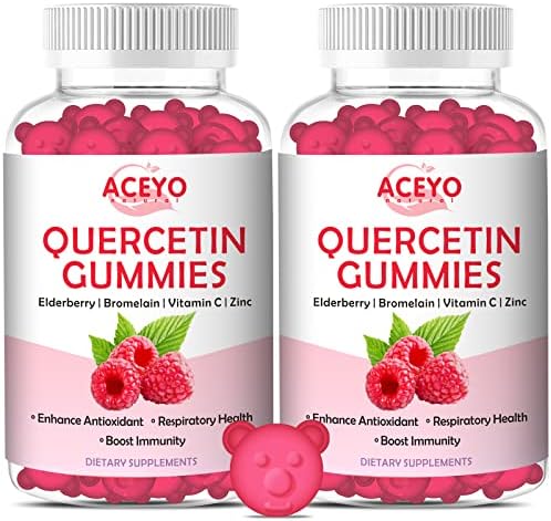 (2 Pack) 120 Quercetin Gummies with Vitamin C and Zinc + Bromelain + Elderberry for Kids Adults Boost Immune Antioxidant Cardiovascular Health Dietary Supplement