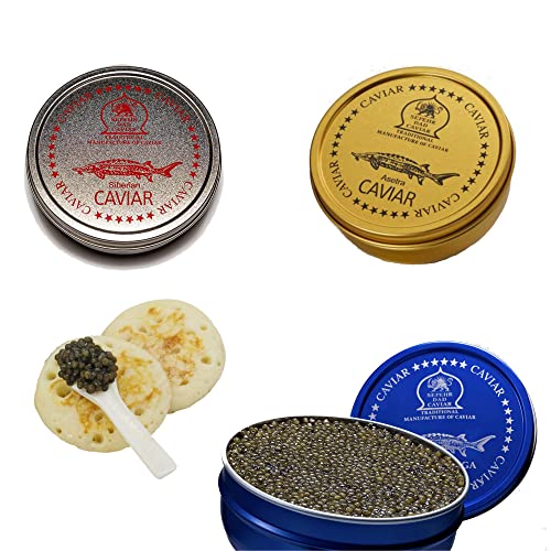 Sepehr Dad Kaviar Set Premium 3x30g | Siberian Kaviar & Osietra Kaviar & Amur Beluga Fischrogen | 2x Perlmutlöffel | 1 Packung Blinis