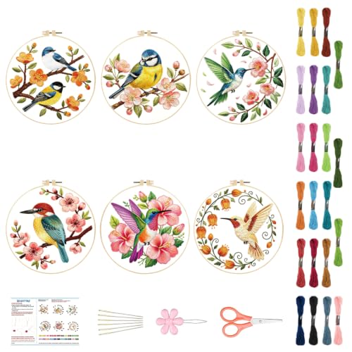 Image of BEUNITONE 6 Set Embroidery Kit for Beginner Adults, Hummingbird & Flower Cross Stitch Set with Stamped Pattern Hoops Threads Cloth Needles, Embroidery Starter Kit for Home Decoration and Gifting