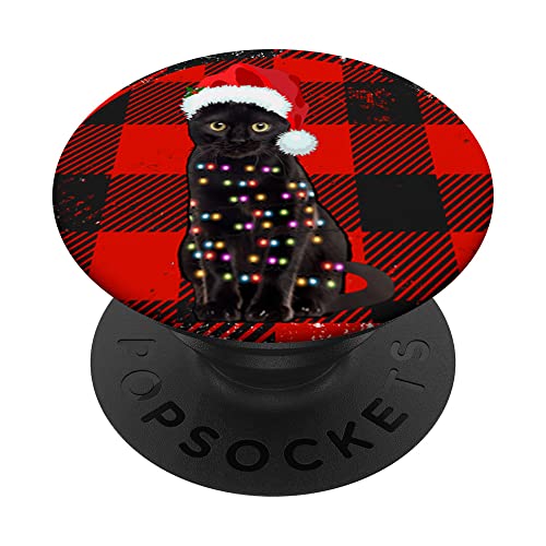 Vintage Black Cat Christmas lights plaid Cat Lover Christmas PopSockets PopGrip Intercambiable