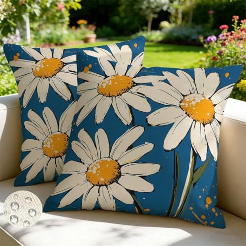 Fundas Cojines Exterior Impermeable Funda de Cojín Azul 60x60 cm, Juego de 2 Funda de Almohada Margarita Fundas de Cojín Verano Primavera Cojines Decorativas para Sala de Estar Jardín Patio -GY37