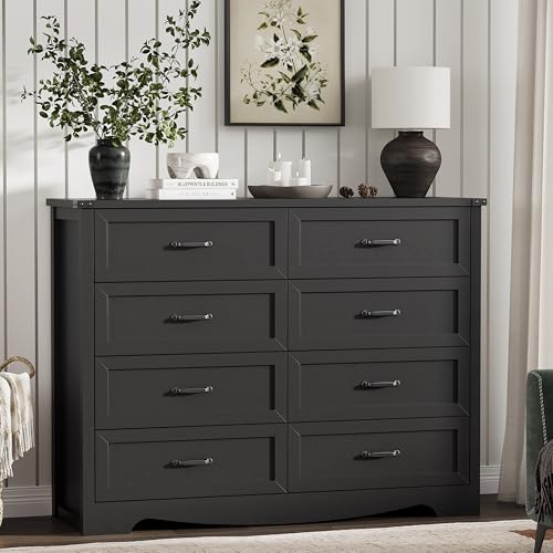 Image of Dresser for Bedroom with 8 Drawers, 48 inch Wide Wood Chest of Drawers with Deep Drawers & Mental Handle, Modern Dresser TV Stand, Wooden Closet Storage Organizer for Living Room, Hallway, Entryway, Black