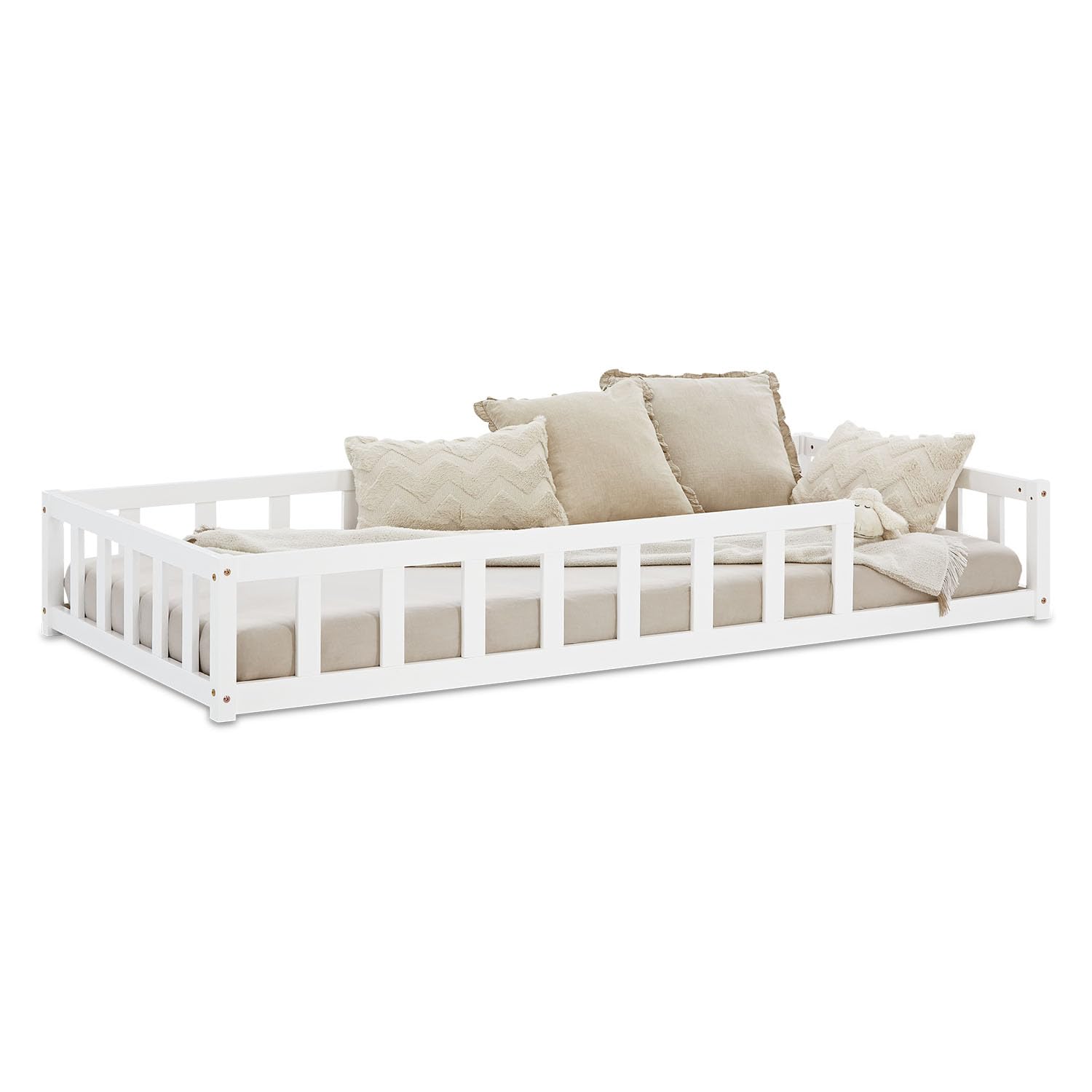 Homestyle4u Bodenbett 90x200 Kinderbett mit Rausfallschutz Weiß | Montessori Kleinkindbett aus massivem Kiefernholz Lattenrost inklusive, Matratze nicht enthalten
