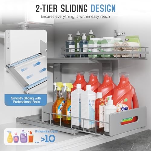 Image of Under Sink Organizer Upgrade To Professional Rails,2-Tier Dual Pull Out Cabinet Storage,Height Adjustable Slide Out Drawers For Bathroom Kitchen,2 Pack-14.5 inchDx12.8 inch-16.9 inchH,Gun Gray