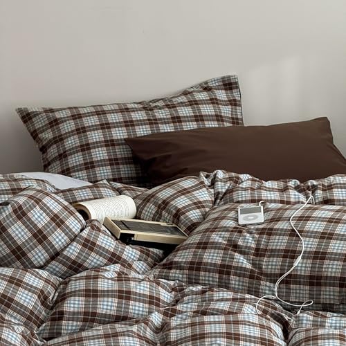 Image of Gingham Duvet Cover Full Size Brown Blue Buffalo Plaid Bedding Set 3 Pieces Vintage Grid Checkered Soft Lightweight Microfiber Comforter Cover Set with Zipper Closure and 2 Pillowcases