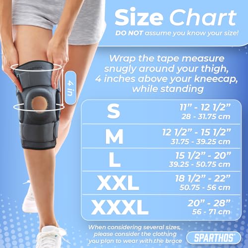 Image of Sparthos Knee Brace - Relieves ACL, MCL, Meniscus Tear, Arthritis, Tendons Pain - Open Patella Design with Dual Hinges - Patellar Compression Support, Plus Size Fit - For Men and Women (XXX-Large)