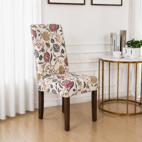 Image of Polycotton Printed Dining Table Cloth with Dining Chair Covers,Slipcovers (6 Seater Table Cover + 6 Chair Cover) (Cream Flower)