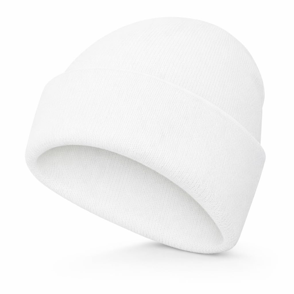 Ws Uk Boys White Kids Beanie Hat - Unisex Slouch Winter Woolly Turn Up Knitted (White)