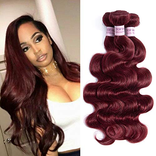 Top Hair Brazilian Virgin Remy Human Hair Extension 99J Bundles Body Wave Burgundy Red Human Hair Wefts Weave 3 Bundles Mixed Length 10-26inch 100g/Bundle (18"20"22")