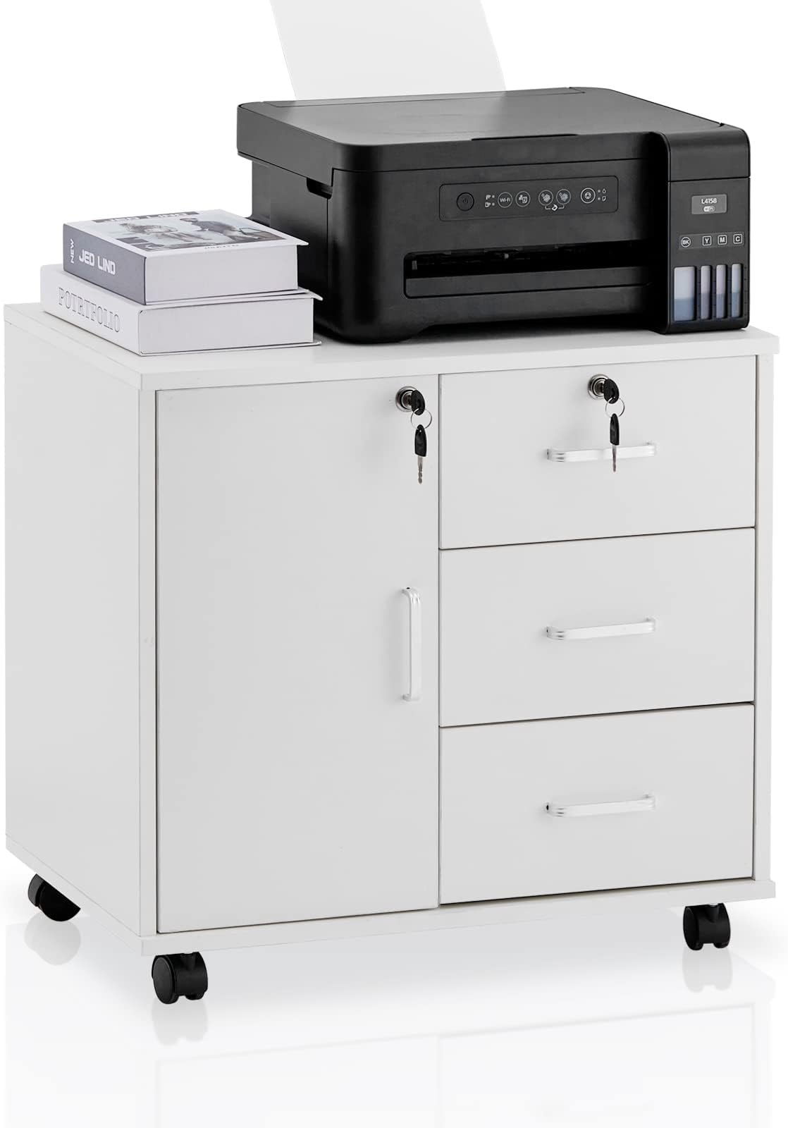 LVSTEEL Rollcontainer Mit 4 Schubladen - Weiß, Abschließbar, 80kg Tragkraft