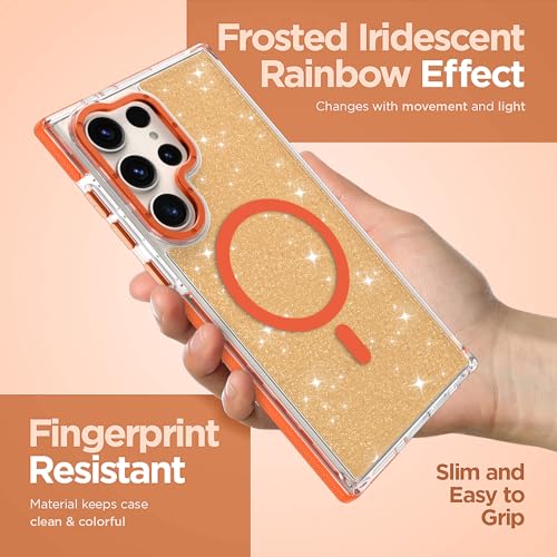 Image of Magnetic Case for Samsung Galaxy S22 Ultra [Compatible with Magsafe] [Bling Glitter Fluorescent Design] [1 Screen Protector] Slim Translucent Matte Case for Galaxy S22 Ultra 6.8 inch, Orange