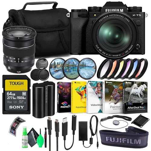 Image of Fujifilm X-T5 Mirrorless Digital Camera with 16-80mm Lens (Black, 16782636) Bundle with 64GB SF-M UHS-II Memory Card + Corel Editing Software + Graduated Color Filters + Large Camera Bag + More