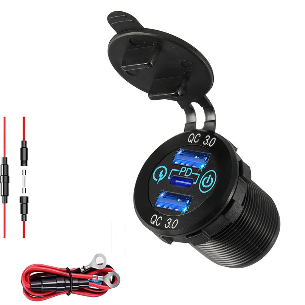Switchtec 3 Charger Sockets (2 ea QC 3.0 USB, 1 ea Super-Fast Type C PD) 12v/24 w/Touch Switch Enclosed in Waterproof Aluminum Housing Boats, 26.7” Wire. 10A Fuse