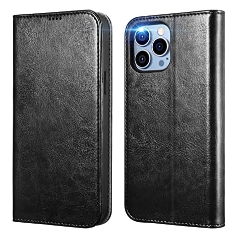 ICARER iPhone 14 Pro Max Case, Premium Handcrafted PU Leather Wallet Case, Wireless Support with 3 Card Slots, Magnetic Closure Kickstand RFID Credit Holder for iPhone 14 Pro Max 6.7 inches (Black) Cover