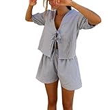 Thopavenoir Women 2 Piece Casual Lounge Sets Y2k Puff Sleeve Peplum Shirt Tie Front Tee Shirt Shorts 2pcs Pajamas Sets (Blue #K8FE, L)