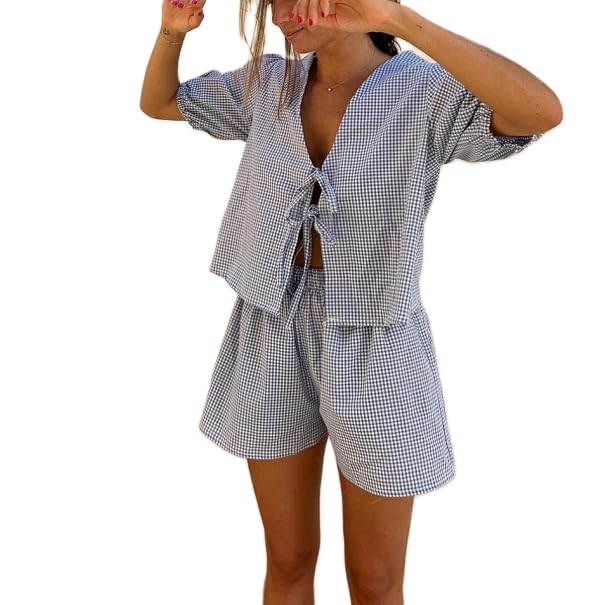 Image of Thopavenoir Women 2 Piece Casual Lounge Sets Y2k Puff Sleeve Peplum Shirt Tie Front Tee Shirt Shorts 2pcs Pajamas Sets (Blue #K8FE, S), Small