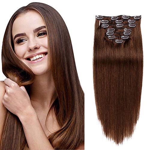 Natural Real Hair Extensions Clip in Human Hair Medium Brown Clip in Hair Extensions Straight 8pcs Full Head Hair (18inch/45cm ,100g/3.52Oz)