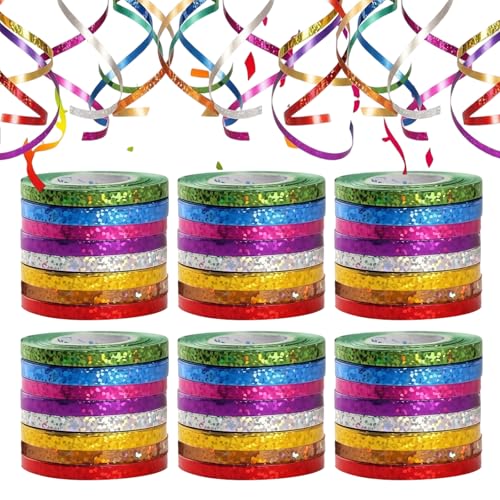 48 Rouleaux Ruban Cadeau Bolduc Métallisé Laser, 480m Serpentin Carnaval Scintillant 8 Couleurs pour Décoration Anniversaire, Mariage, Fête, Emballage...