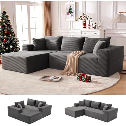 110” Cloud Sectional Couch, Boneless Sofa for Living Room, Modular Sectional Sofa with Deep Seat, Comfy Fluffy Couch with L-Shaped Chaise, No Assembly Required (Left-Facing Chaise, Dark Grey)