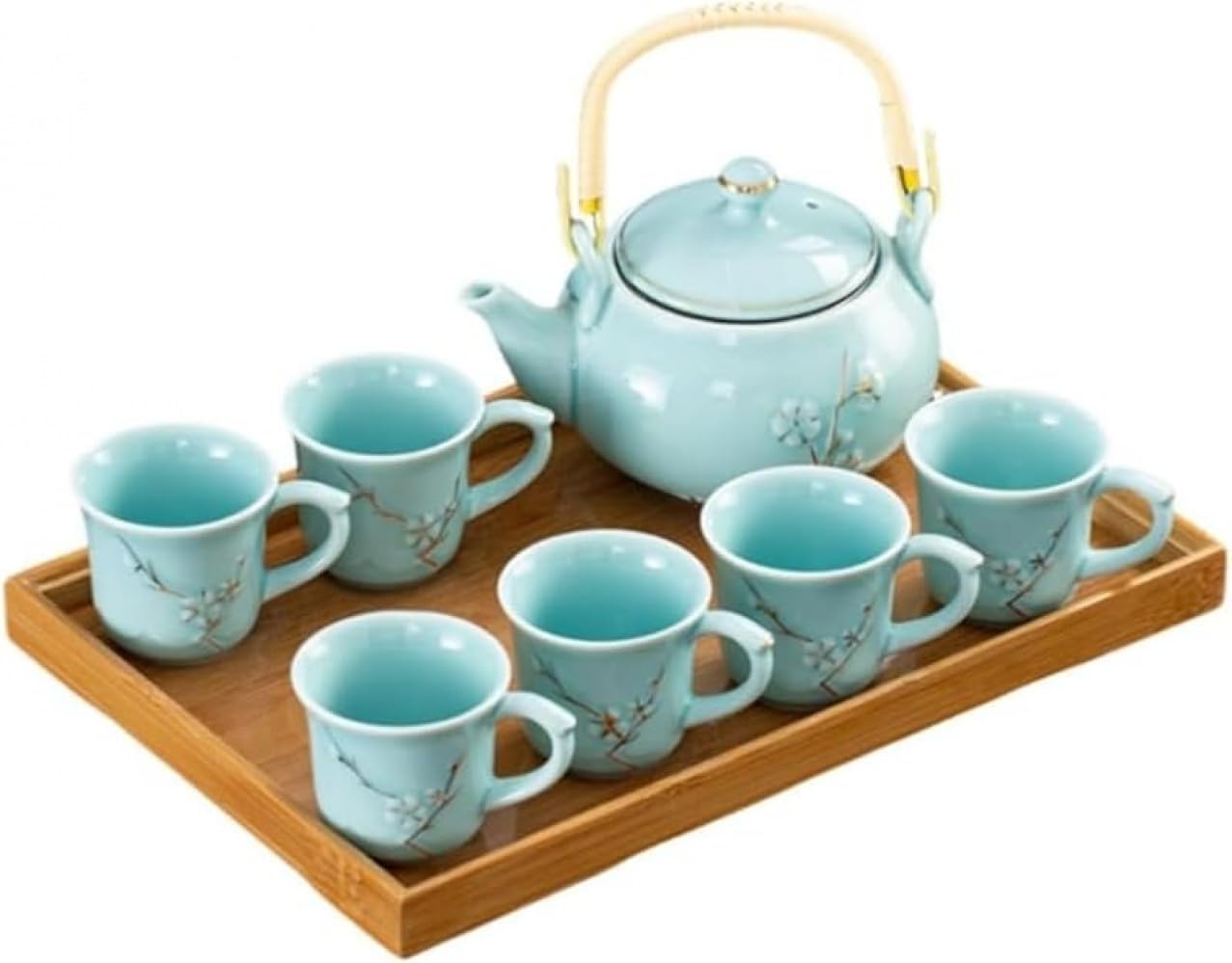 Zxyler 和風ティーセット｜窯変梅花柄 古典磁器 1 ポット 6 客＋トレー 茶こし付き 家庭用・茶道・ギフト適用​